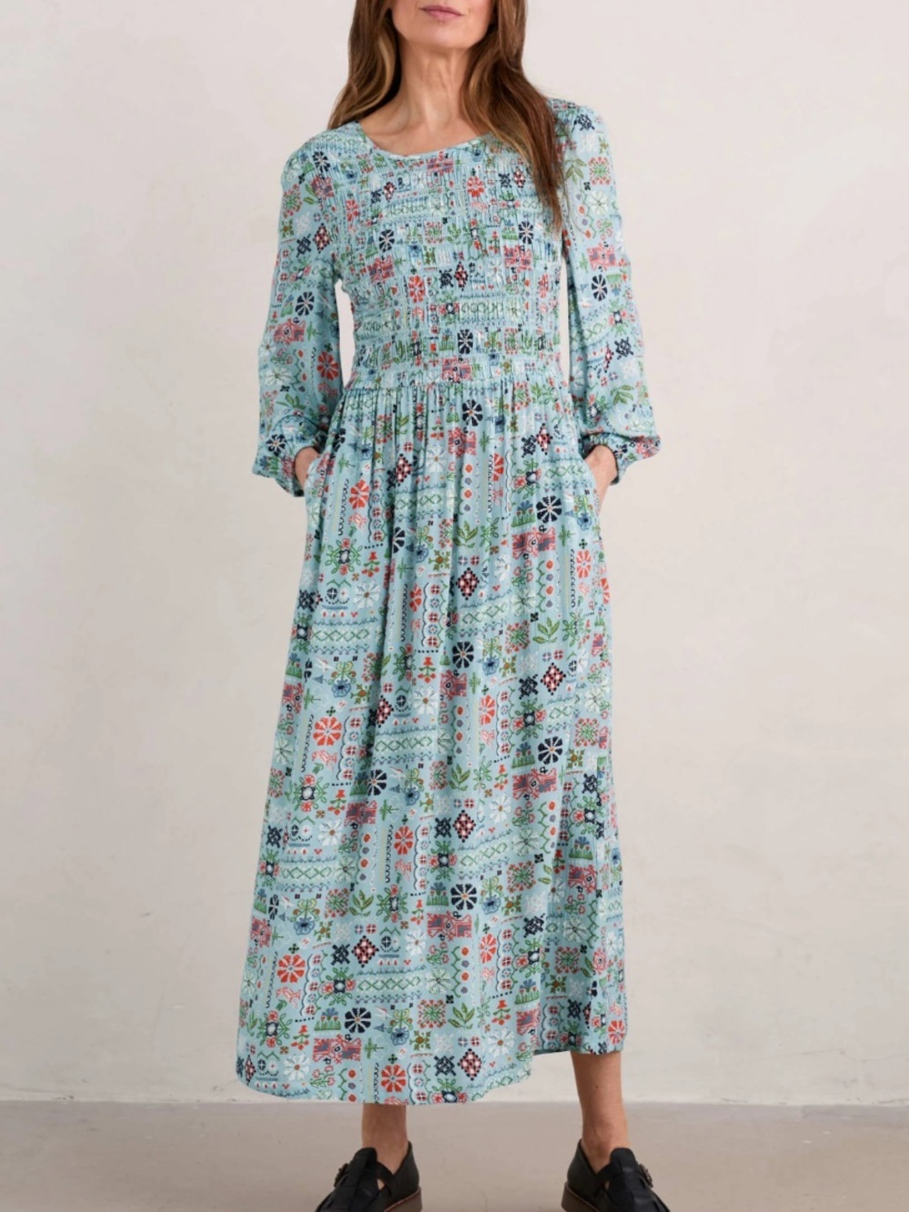 Seasalt Cornwall Meadowsweet Midi Dress in Cabin Sampler Limpet Blue US10